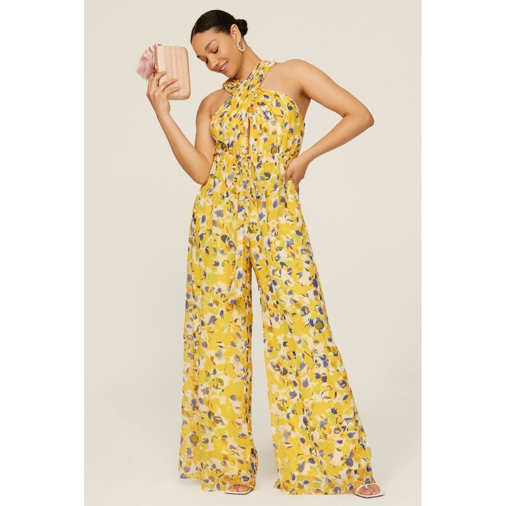Mac Duggal Floral Jumpsuit Yellow Halter Wide Leg Ieena Size 16